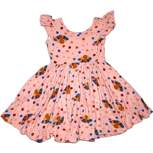 BAG268. NWT DOT DOT SMILE Pink Turkey Leaves Fall Empire Twirl Dress 3/4 - Picture 2 of 3